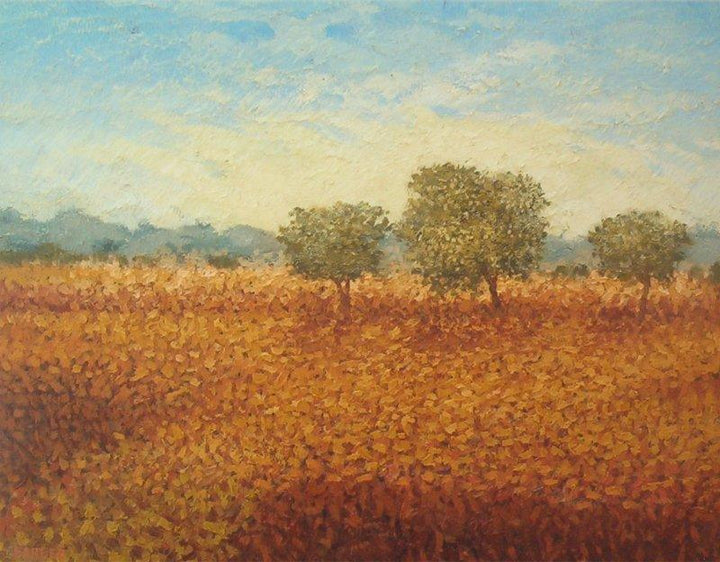 Landscape oil painting titled 'Three trees', 18x14 inches, by artist Fareed Ahmed on Canvas Board