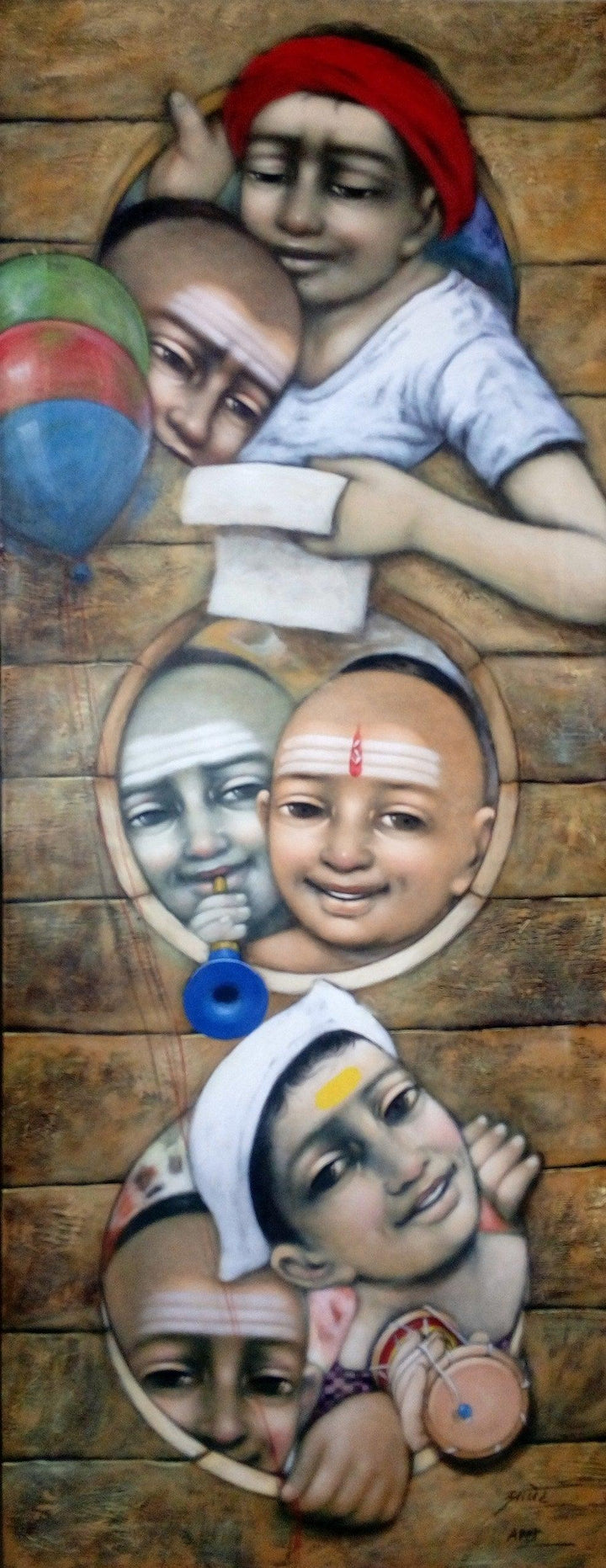 Figurative acrylic painting titled 'Three Windos', 51x20 inches, by artist Apet Pramod on Canvas