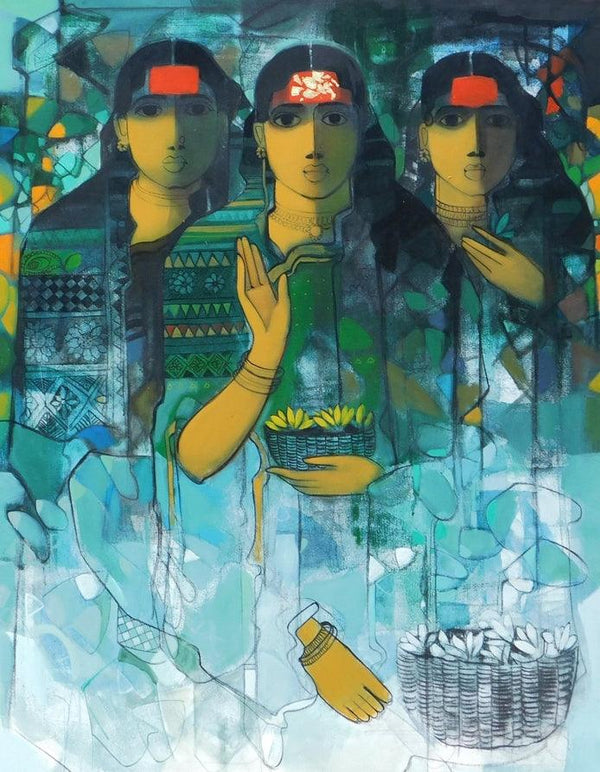 Figurative acrylic painting titled 'Three Women 2', 48x36 inches, by artist Sachin Sagare on Canvas