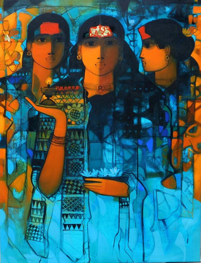 Figurative acrylic painting titled 'Three Women 3', 48x36 inches, by artist Sachin Sagare on Canvas