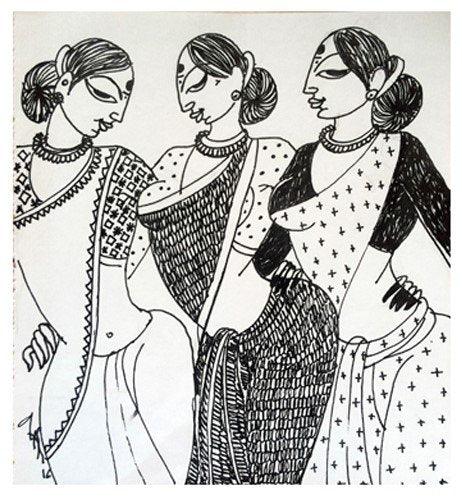 Figurative ink drawing titled 'Three Women', 5x5 inches, by artist Varsha Kharatamal on Paper