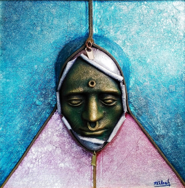 Figurative mixed-media painting titled 'Through Of Mask 12', 18x18 inch, by artist Akhilesh Gaur on Fiberglass