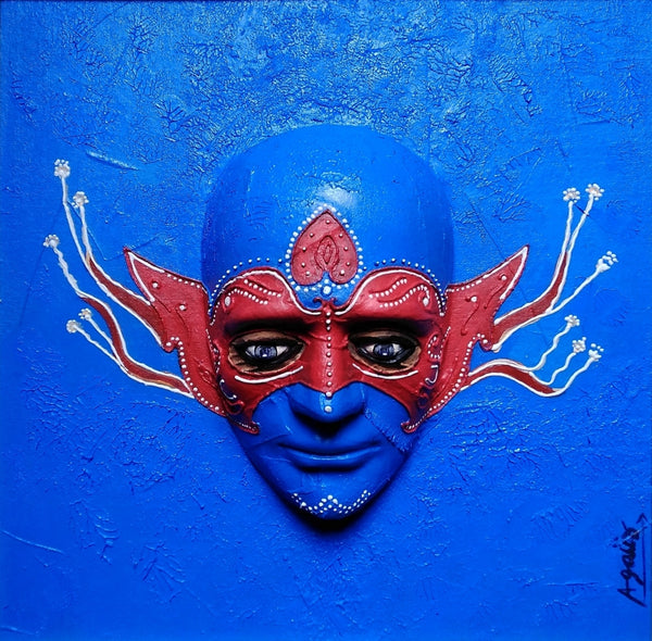 Figurative mixed-media painting titled 'Through Of Mask 13', 18x18 inch, by artist Akhilesh Gaur on Fiberglass