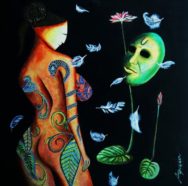 Nude acrylic painting titled 'Through Of Mask 15', 30x30 inch, by artist Akhilesh Gaur on Canvas