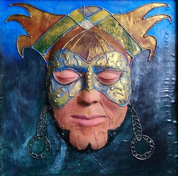 Figurative mixed-media painting titled 'Through Of Mask', 12x12 inch, by artist Akhilesh Gaur on Fiberglass