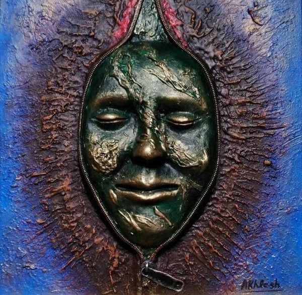 Figurative mixed media titled 'Through Of Mask 23', 12x12 inches, by artist Akhlesh Gaaur on Fiberglass