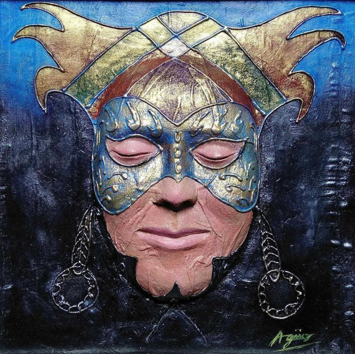 Figurative mixed media titled 'Through Of Mask 25', 12x12 inches, by artist Akhlesh Gaaur on Fiberglass