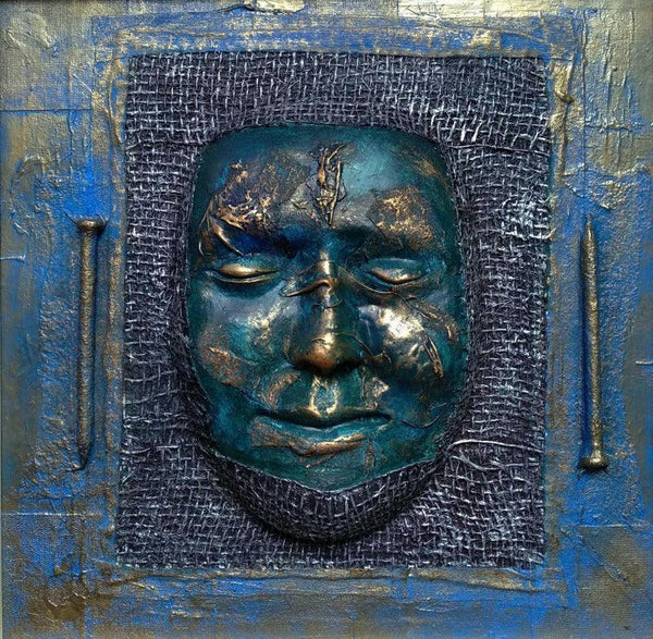 Figurative mixed media titled 'Through Of Mask 4', 12x12 inches, by artist Akhlesh Gaaur on Fiberglass