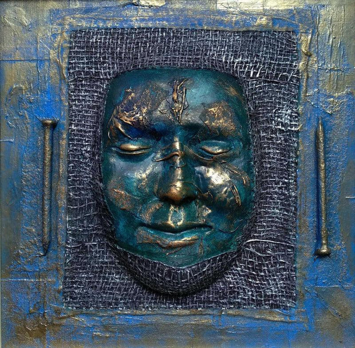 Figurative mixed media titled 'Through Of Mask 4', 12x12 inches, by artist Akhlesh Gaaur on Fiberglass