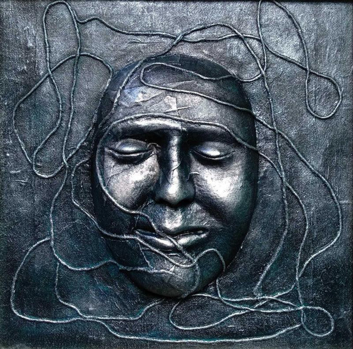 Figurative mixed media titled 'Through Of Mask 5', 12x12 inches, by artist Akhlesh Gaaur on Fiberglass