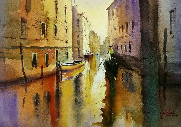 Seascape watercolor painting titled 'Through The Alley', 18x13 inches, by artist Gulshan Achari on Paper