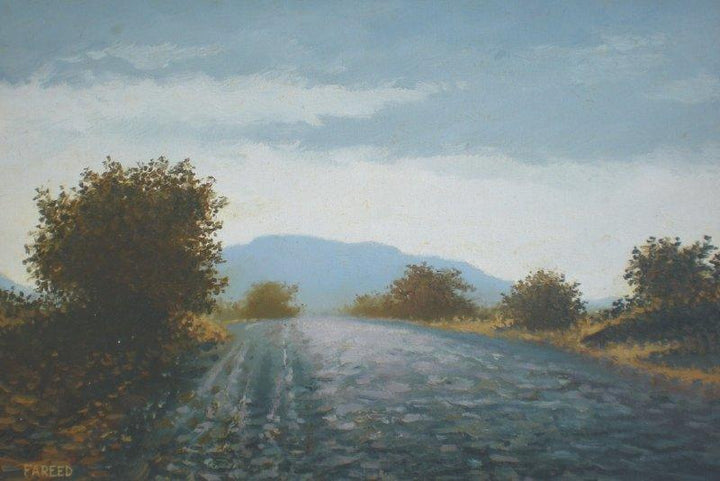 Landscape oil painting titled 'Through the bushes', 22x15 inches, by artist Fareed Ahmed on Canvas Board