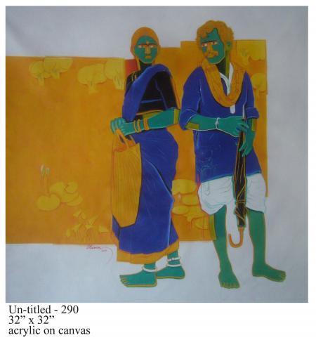 Figurative acrylic painting titled 'Tiff Between Couple', 32x32 inches, by artist Tailor Srinivas on Canvas