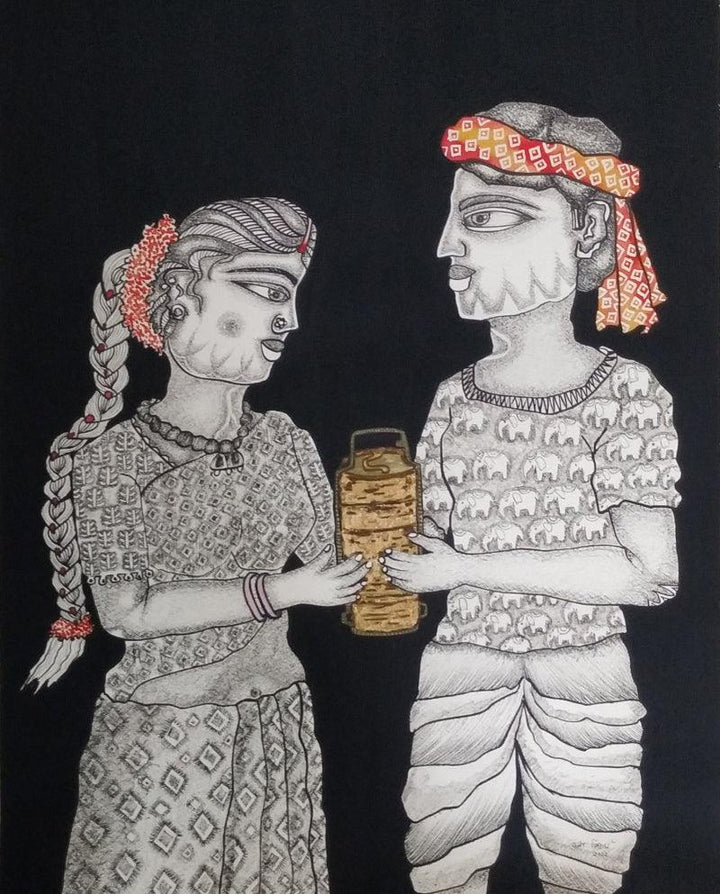 Figurative mixed media painting titled 'Tiffin Box', 30x22 inches, by artist Runa Biswas on Fabriano Paper