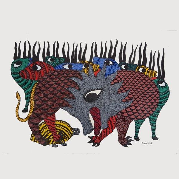 Folk Art tribal painting titled 'Tiger and Deers Gond Art', 14x10 inches, by artist De Kulture Works on Handmade Paper