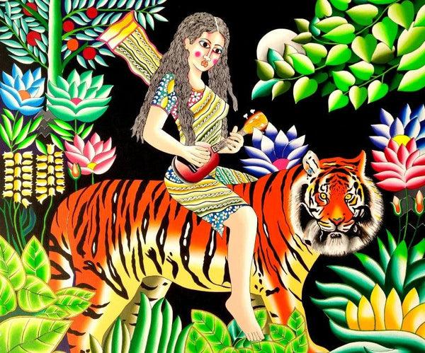 Figurative acrylic painting titled 'Tiger And Girl', 36x42 inches, by artist Ravi Kattakuri on Canvas