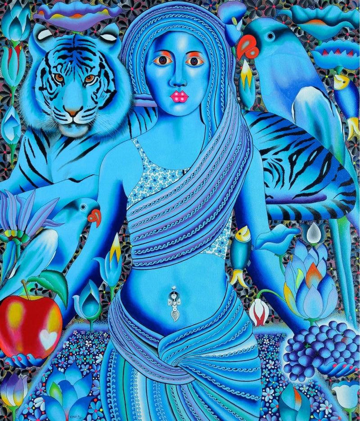 Figurative acrylic painting titled 'Tiger And Sweety', 42x36 inches, by artist Ravi Kattakuri on Canvas