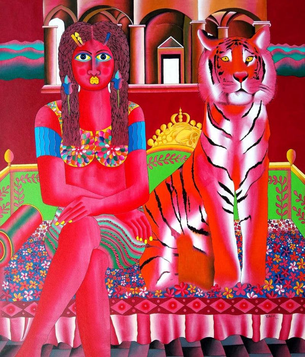 Figurative acrylic painting titled 'Tiger And Young Girl', 42x36 inches, by artist Ravi Kattakuri on Canvas