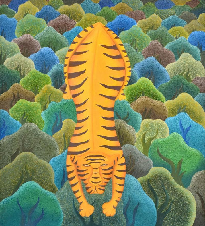 Animals oil painting titled 'Tiger In Forest', 60x48 inches, by artist Naveena Ganjoo on Canvas