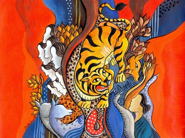 contemporary acrylic painting titled 'Tiger is coming', 8x11 inches, by artist Hariom Kuthwaria on Paper