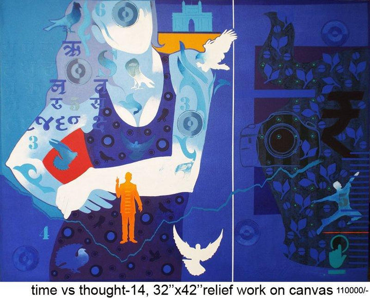 Figurative acrylic painting titled 'Time Vs Thought 14', 32x42 inches, by artist Ranjit Singh on Canvas