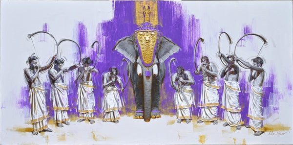 Religious acrylic painting titled 'Timila Melam 2', 30x60 inch, by artist Pankaj Bawdekar on Canvas