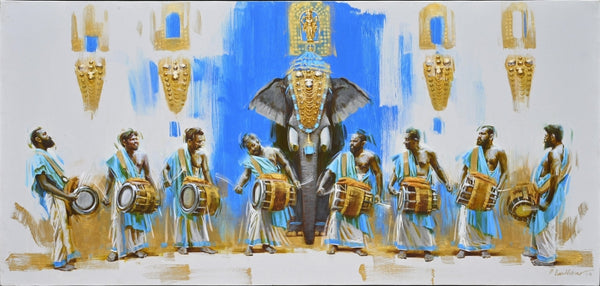 Religious acrylic painting titled 'Timila Melam 3', 30x63 inch, by artist Pankaj Bawdekar on Canvas