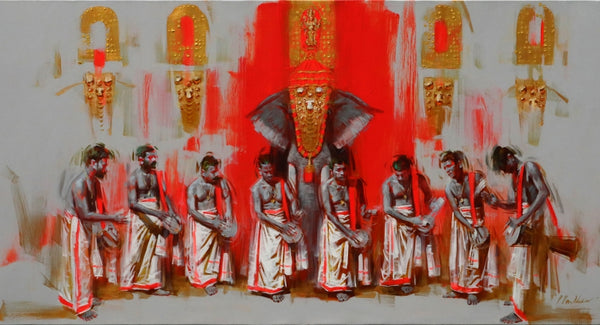 Religious acrylic painting titled 'Timila Melam', 30x56 inch, by artist Pankaj Bawdekar on Canvas