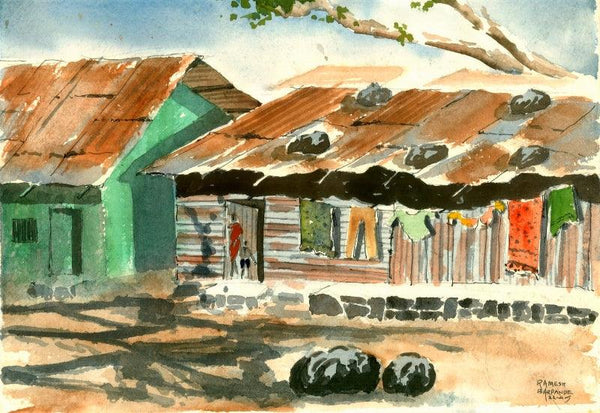 Landscape watercolor painting titled 'Tin House', 10x14 inches, by artist Ramessh Barpande on Paper