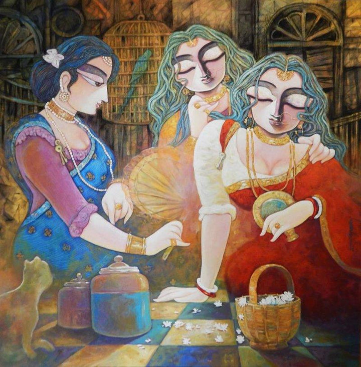 Figurative acrylic painting titled 'Tin Kanya', 48x48 inches, by artist Subrata Ghosh on Canvas