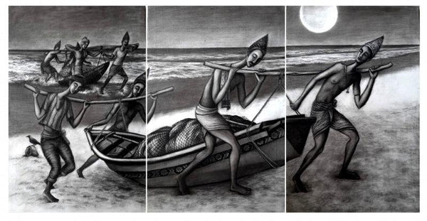 Figurative charcoal painting titled 'Tiny Dream', 36x72 inches, by artist Uttam Bhattacharya on Canvas