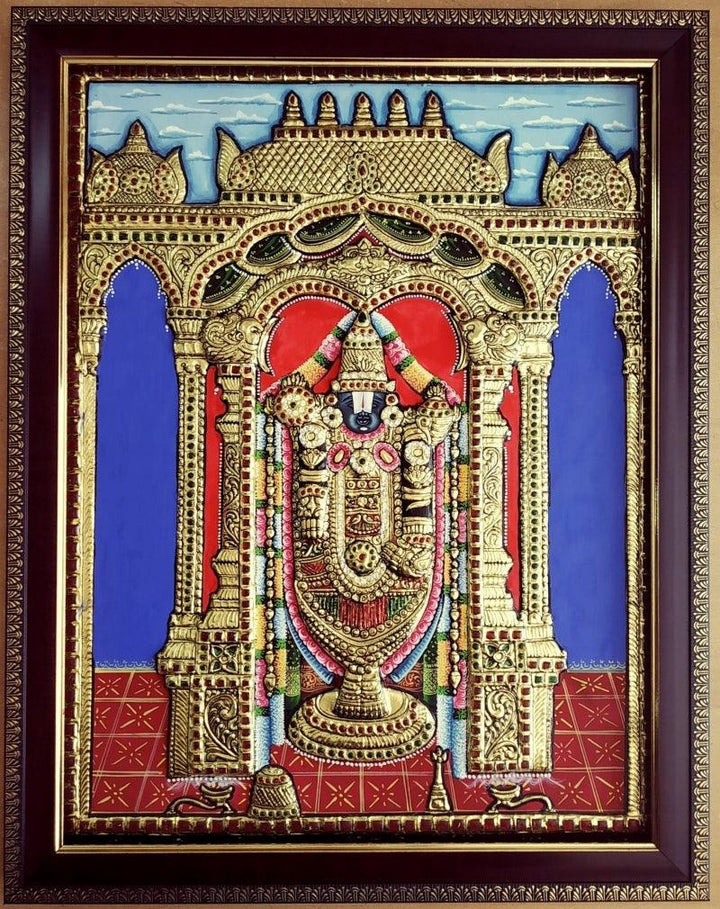 Religious tanjore traditional art titled 'Tirupathi Balaji Tanjore Painting', 18x14 inches, by artist VANI VIJAY on Plywood