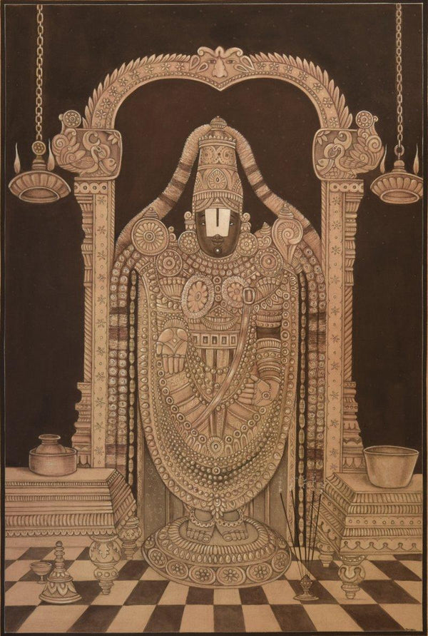 Religious mixed media painting titled 'Tirupati Balaji Pichwai', 25x36 inches, by artist Pushkar Lohar  Pichwai on Cloth