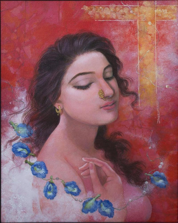 Figurative acrylic painting titled 'Title fantasizing', 20x16 inches, by artist Mousumi Pal Majumdar on canvas