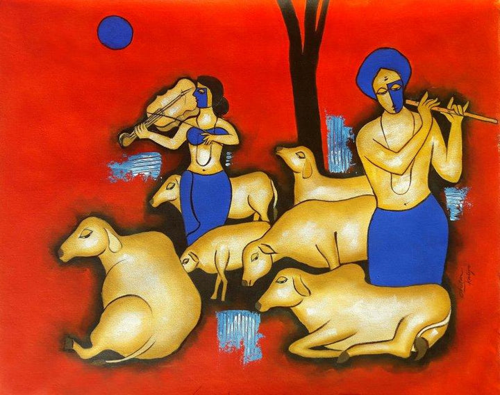 Figurative mixed media painting titled 'Together', 27x34 inches, by artist Chetan Katigar on Canvas