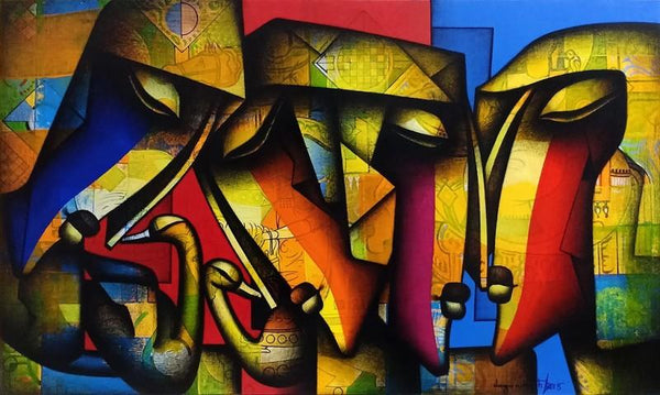 Figurative mixed media painting titled 'Togetherness 1', 36x60 inches, by artist Jagannath Paul on Canvas