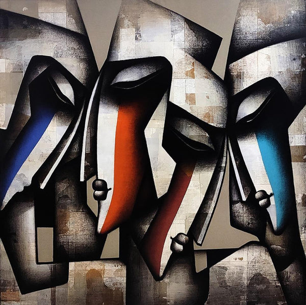 Figurative acrylic charcoal painting titled 'Togetherness 4', 60x60 inches, by artist Jagannath Paul on Canvas