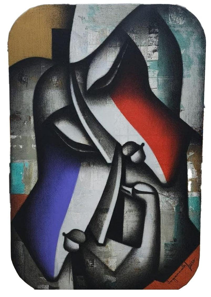 Figurative acrylic charcoal painting titled 'Togetherness 5', 36x24 inches, by artist Jagannath Paul on Canvas