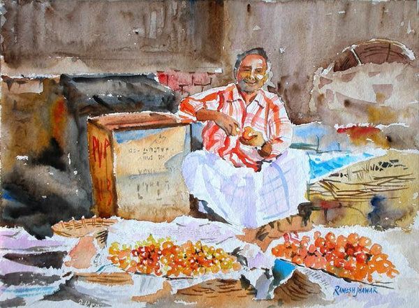 Figurative watercolor painting titled 'Tomato Seller', 11x15 inches, by artist Ramesh Jhawar on Paper