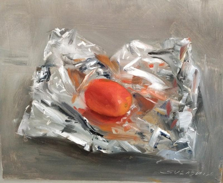 Still-life oil painting titled 'Tomato With Aluminium Foil', 9x11 inches, by artist SURABHI GULWELKAR on Board