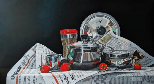 Still-life acrylic painting titled 'Tomatoes', 20x36 inches, by artist Parimal Vaghela on Canvas