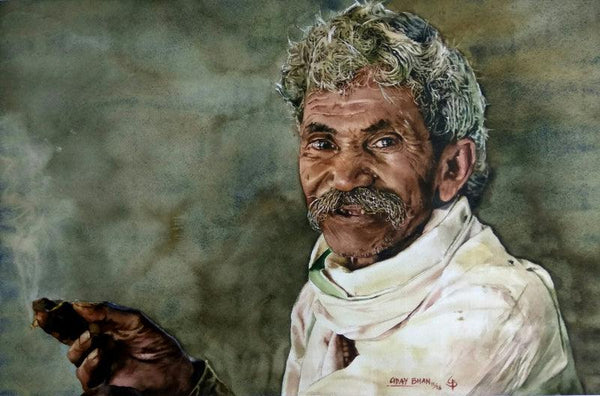 Portrait watercolor painting titled 'Toothless smile', 22x15 inches, by artist Dr Uday Bhan on Paper