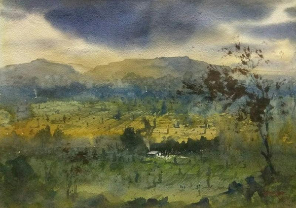 Landscape watercolor painting titled 'Top', 14x20 inches, by artist Rupesh Sonar on Paper