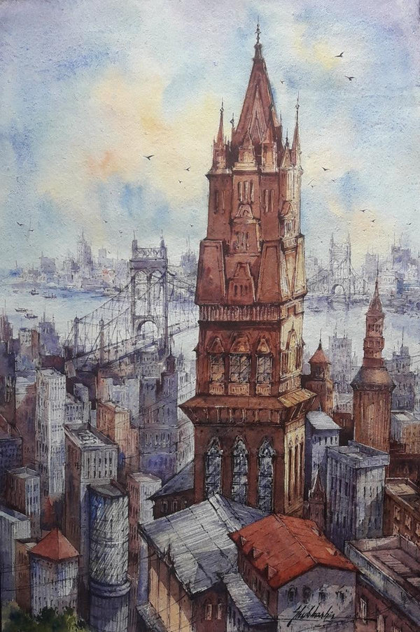 Cityscape watercolor painting titled 'Top view city 3', 22x15 inches, by artist SHUBHASHIS MANDAL on Handmade paper