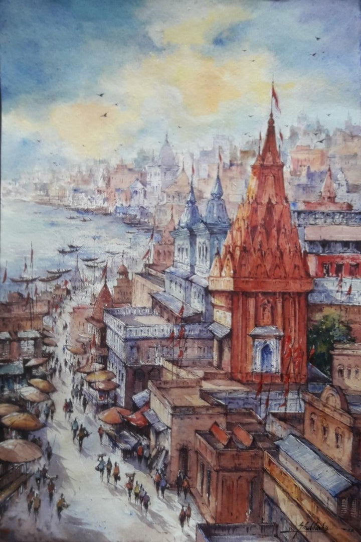 Cityscape watercolor painting titled 'Top view of Benaras 1', 22x15 inches, by artist SHUBHASHIS MANDAL on Handmade paper