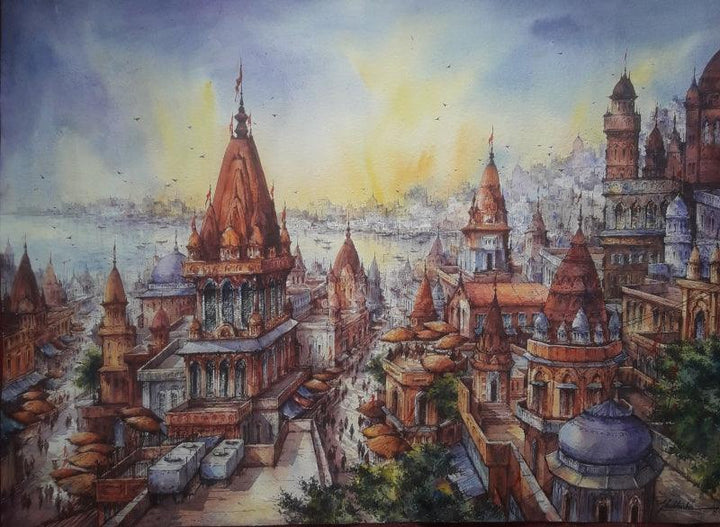 Cityscape watercolor painting titled 'Top View Of Benaras 3', 23x30 inches, by artist SHUBHASHIS MANDAL on Handmade paper