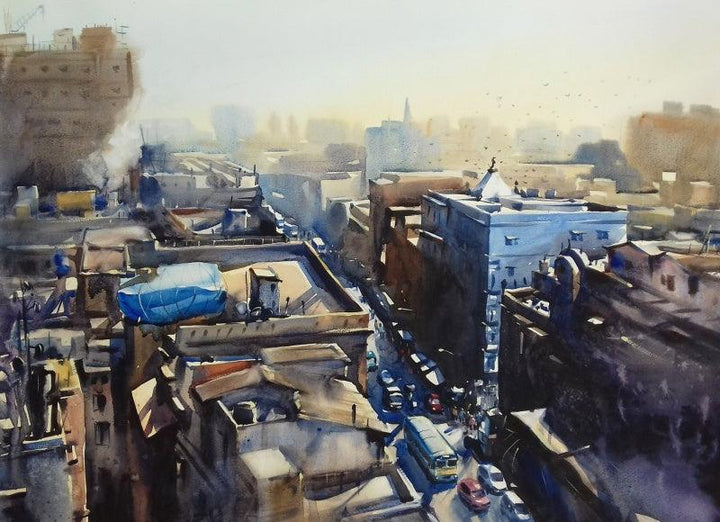 Cityscape watercolor painting titled 'Top View Of Kolkata', 22x30 inches, by artist Sankar Das on paper