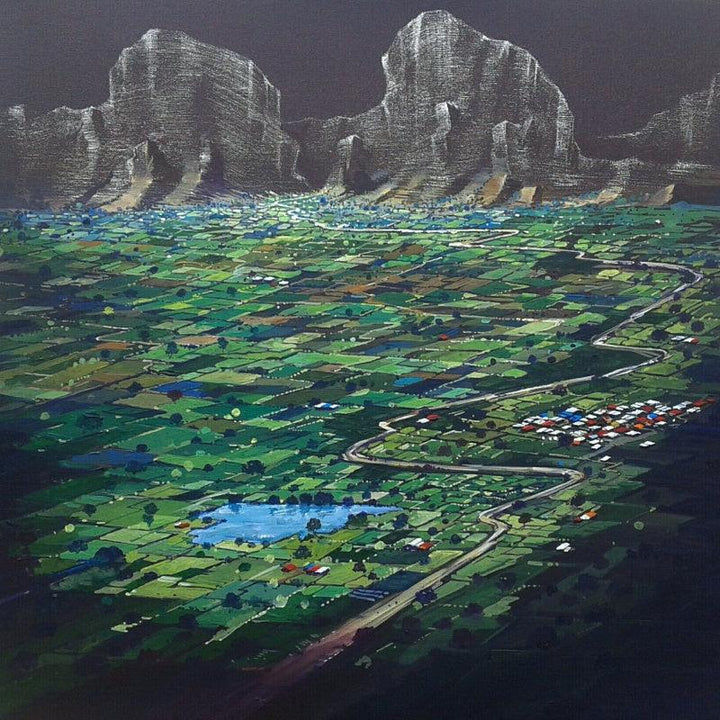 Landscape acrylic painting titled 'Top View Of My Village', 24x24 inches, by artist Yogesh Lahane on Canvas