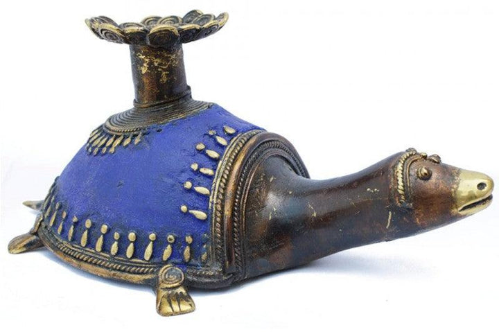 Lifestyle craft titled 'Tortoise Candle Stand Blue', 10x6x4 inches, by artist Kushal Bhansali on Brass