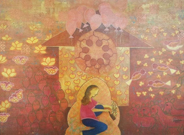 Figurative mixed media painting titled 'Towards Oneness 1', 27x36 inches, by artist Poonam Agarwal on Canvas